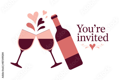 A wine bottle and two glasses with hearts and the words 'You're invited' on a white background