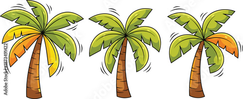 Vibrant cartoon palm tree illustration set, playful tropical nature design with colorful leaves on white background, perfect for summer, beach and island themes