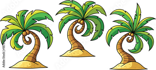 Colorful cartoon tropical palm tree illustration set, playful beach island tree artwork on white background, vibrant summer nature design for creative projects