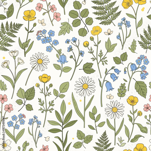 Seamless pattern of delicate wildflowers, leaves, and ferns on white background.