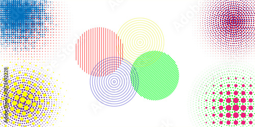 A collection of halftone circular backgrounds. Halftone shapes made from CMYK color dots. Colorful circular patterns on a white background. vector ilustration