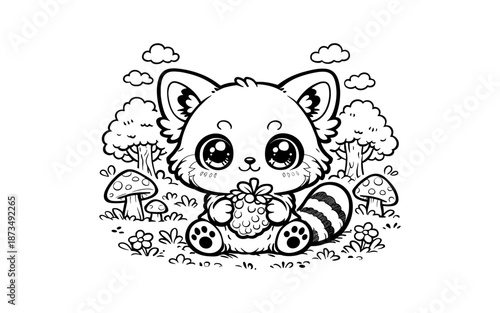 Cute kawaii red panda with flowers in a forest setting