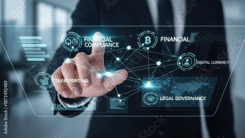 Closeup business professional hand touching virtual screen representing financial compliance tax reporting digital currency and legal governance