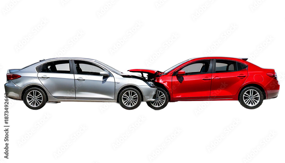 Obraz premium Silver and Red Sedan Cars, with Collided Frontal Impact Damage, isolated on a transparent ba.png