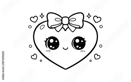 Adorable kawaii heart with bow and stars in line art style