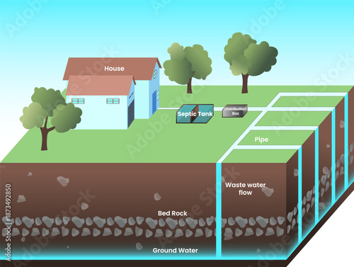 Septic tank and drainage field system vector illiustrator, septic tank system process infographic, Groundwater contamination, Wastewater management concept