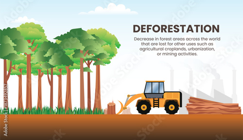 Deforestation with excavator removing trees from forest vector illustration, deforestation caused by industrial activity website banner