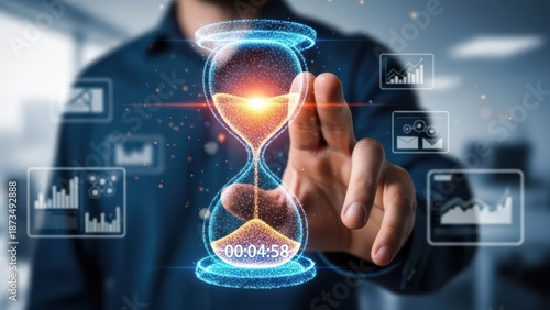 Closeup Businessman Hand interacting with virtual hourglass, representing time pressure, countdown to deadline, urgency, and project management.