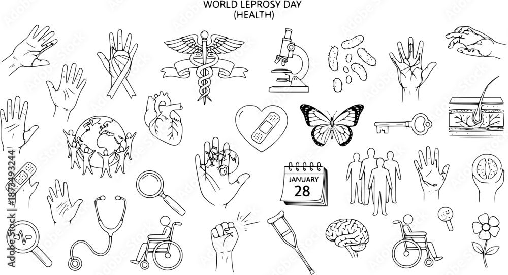 Fototapeta premium Medical Health Awareness Black and White Line Art Doodle Vector Set for World Leprosy Day. Featuring Hands, Microscope, Bacteria, Caduceus, Brain, and Symbols of Disease Prevention
