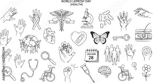 Medical Health Awareness Black and White Line Art Doodle Vector Set for World Leprosy Day. Featuring Hands, Microscope, Bacteria, Caduceus, Brain, and Symbols of Disease Prevention