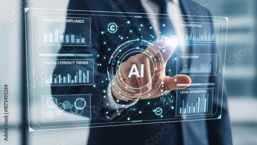 Closeup Businessman Hand interacting with AI dashboard representing financial compliance tax reporting digital currency and legal governance