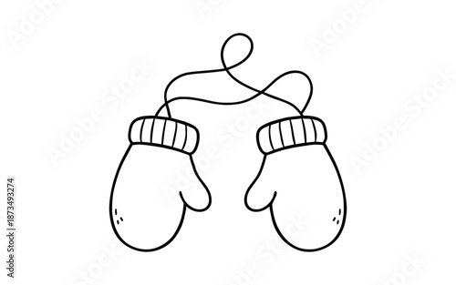 Cozy winter mittens outline with string in minimalist style