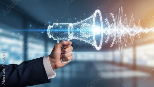 Closeup Businessman Hand holding virtual megaphone, representing digital PR, brand announcement, marketing voice, and corporate communication.