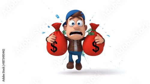 3D Cartoon Man Running Away with Two Red Money Bags