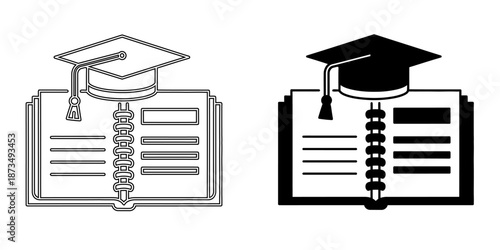 Education Concept Icon  - Open Book, Graduation Cap and Academic Notebook Vector Symbols