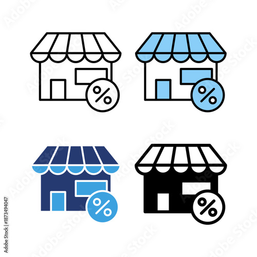 Icon set store discount, shopping promo sale. Icon line, glyph and flat with blue colour isolated white background.