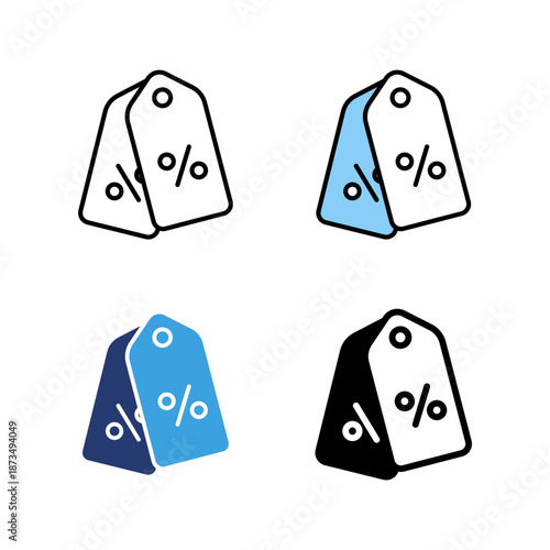 Icon set discount tag, shopping promo sale. Icon line, glyph and flat with blue colour isolated white background.