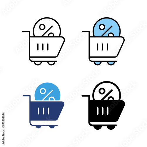 Icon set discount trolley cart , shopping promo sale. Icon line, glyph and flat with blue colour isolated white background.
