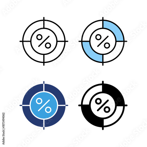 Icon set discount target aim bullseye, shopping promo sale. Icon line, glyph and flat with blue colour isolated white background.