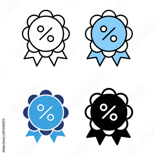 Icon set discount badge, shopping promo sale. Icon line, glyph and flat with blue colour isolated white background.