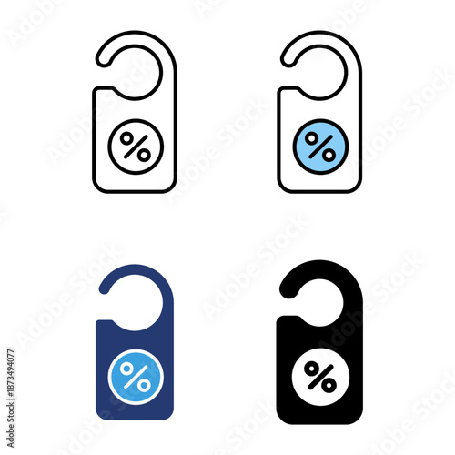 Icon set voucher hotel discount, shopping promo sale. Icon line, glyph and flat with blue colour isolated white background.
