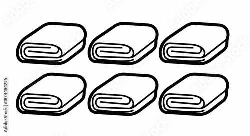 Black and white outline vector illustration featuring six neatly rolled towels or fabric bundles, symbolizing spa, laundry, or home linen organization.