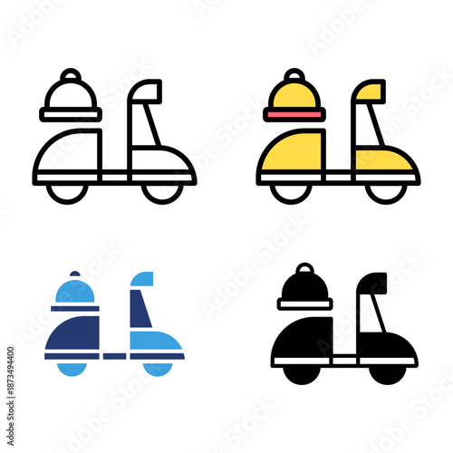Icon set scooter food delivery, fast food, restaurant service, food service. Icon line, glyph and flat with blue colour isolated white background.