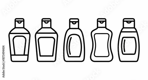 Line art vector icons set of cosmetic packaging bottles, featuring various shapes for shampoo, conditioner, or lotion, isolated on white background.