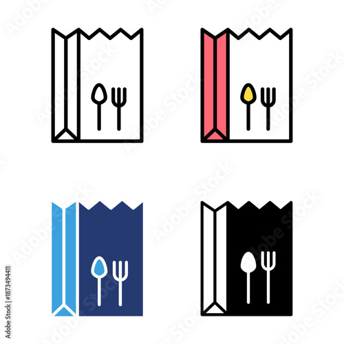 Icon set food paper bag, fast food, takeaway service, food service. Icon line, glyph and flat with blue colour isolated white background.