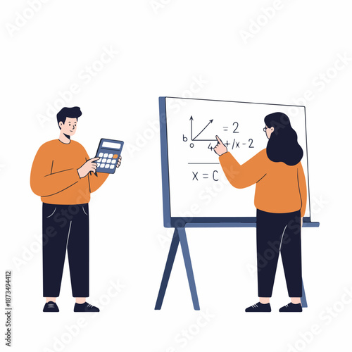 Two students or colleagues solving complex mathematical equations and graphing on a whiteboard using a calculator, conceptual flat vector illustration.