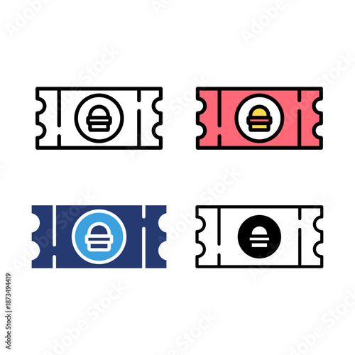 Icon set coupon voucher food, fast food, restaurant service, food service. Icon line, glyph and flat with blue colour isolated white background.