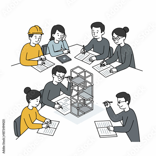 A team of architects, engineers, or students collaborating and discussing a structural design model during a business meeting or study session.