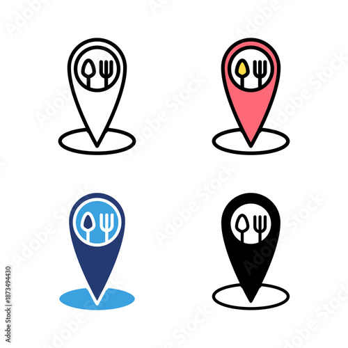 Icon set location restaurant, fast food, restaurant service, food service. Icon line, glyph and flat with blue colour isolated white background.