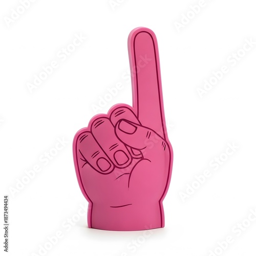 A pink foam finger isolated on a blank backdrop, raised upward. A symbol of number one. Isolated on White background