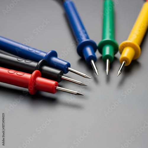 Assorted color multimeter probes arranged on a textured surface backdrop