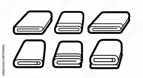 Set of six outline icons depicting various styles of neatly folded and rolled towels or textile products, suitable for laundry, housekeeping, or bathroom design.