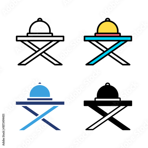 Icon set table and food platter, fast food, restaurant service, food service. Icon line, glyph and flat with blue colour isolated white background.