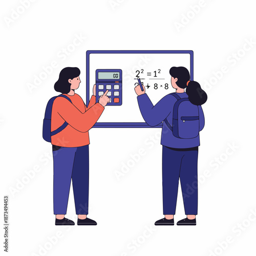 Students Solving Math Problem with Calculator on Whiteboard