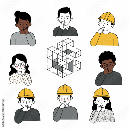 Illustrated diverse team contemplating complex architectural geometry, representing problem-solving, planning, and engineering innovation.