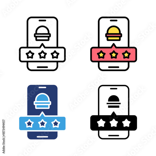 Icon set rating stars restaurant, fast food, restaurant service, food service. Icon line, glyph and flat with blue colour isolated white background.