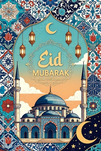 Wallpaper Mural Eid Mubarak Greeting Card with Mosque Illustration. Torontodigital.ca