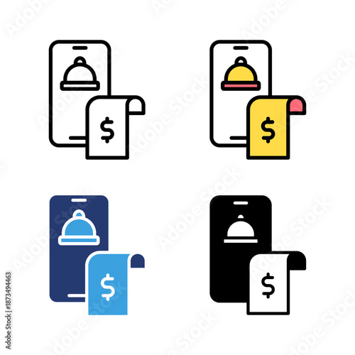 Icon set app bill payment, fast food, restaurant service, food service. Icon line, glyph and flat with blue colour isolated white background.
