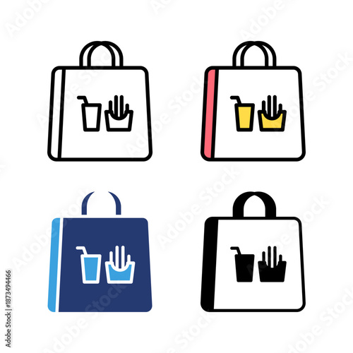 Icon set takeaway paper bag, fast food, restaurant service, food service. Icon line, glyph and flat with blue colour isolated white background.