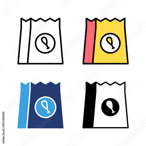 Icon set food bag paper, fast food, takeaway service, food service. Icon line, glyph and flat with blue colour isolated white background.