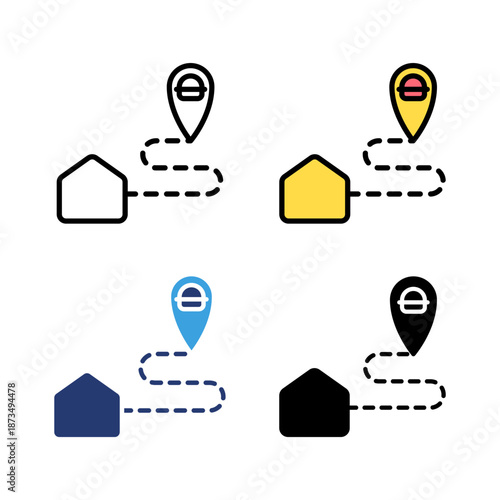 Icon set tracking location, fast food, restaurant service, food service. Icon line, glyph and flat with blue colour isolated white background.