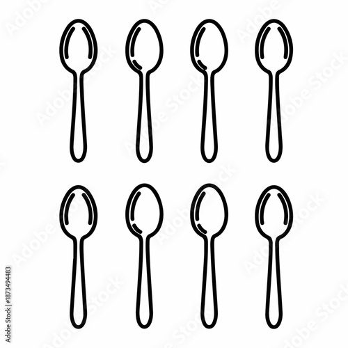 Simple black and white line art illustration featuring a symmetrical pattern of eight identical dessert spoons or teaspoons set against a clean white background.