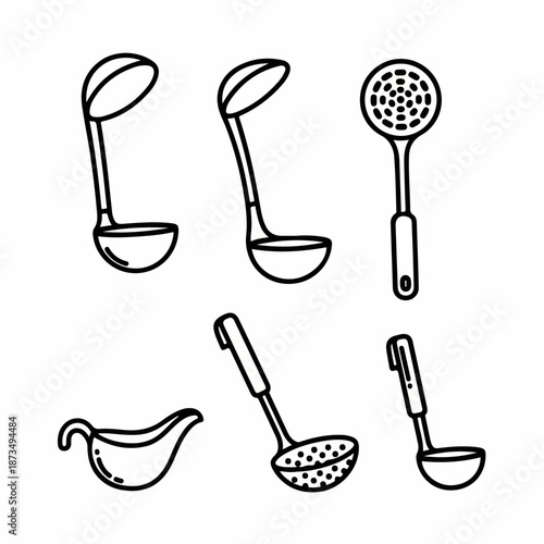 Doodle collection of kitchen utensils: soup ladles, skimmers, and sauce boat icons in black outline art.