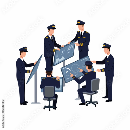 Pilots in uniform collaborating around large digital screens, managing air traffic control and flight operations in a professional operations center.