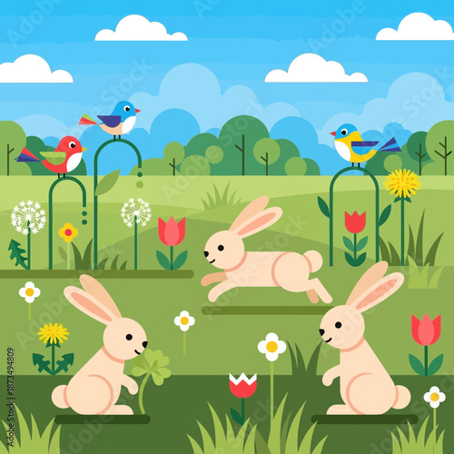Spring scene with rabbits, birds, flowers, and trees. Cute cartoon illustration.