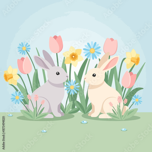 Two cute rabbits in a spring garden with blooming tulips and daffodils.